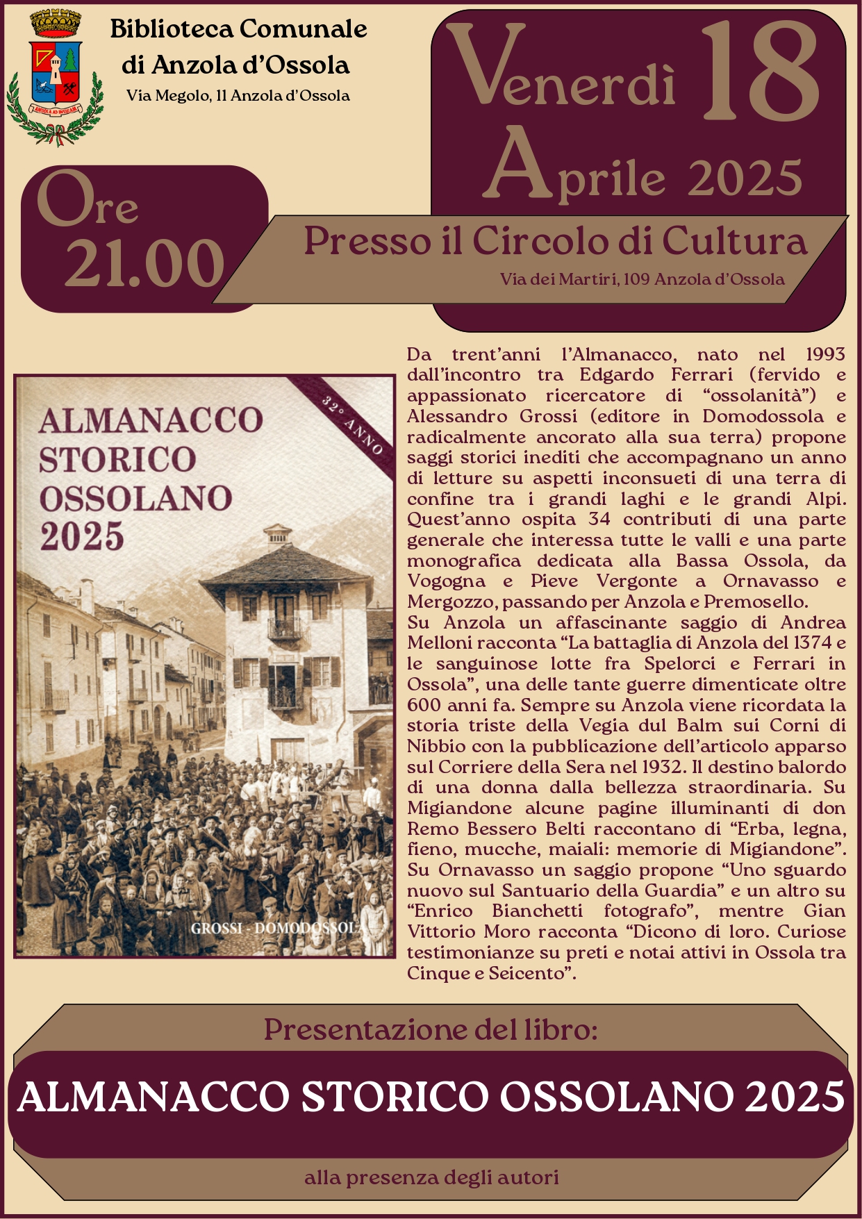 Volantino presentazione del libro Almanacco Storico Ossolano 2025.